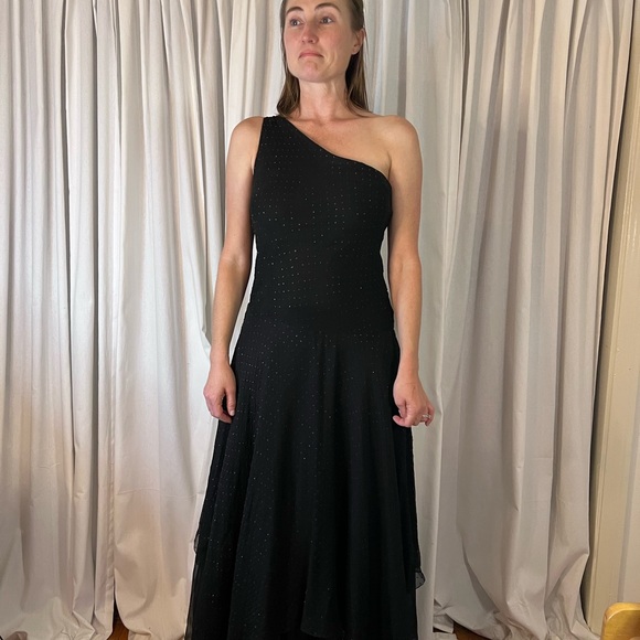 Vintage 80’s Ruben Panis Silk Chiffon sparkly Elegant Black One-Shoulder Dress - Picture 1 of 10